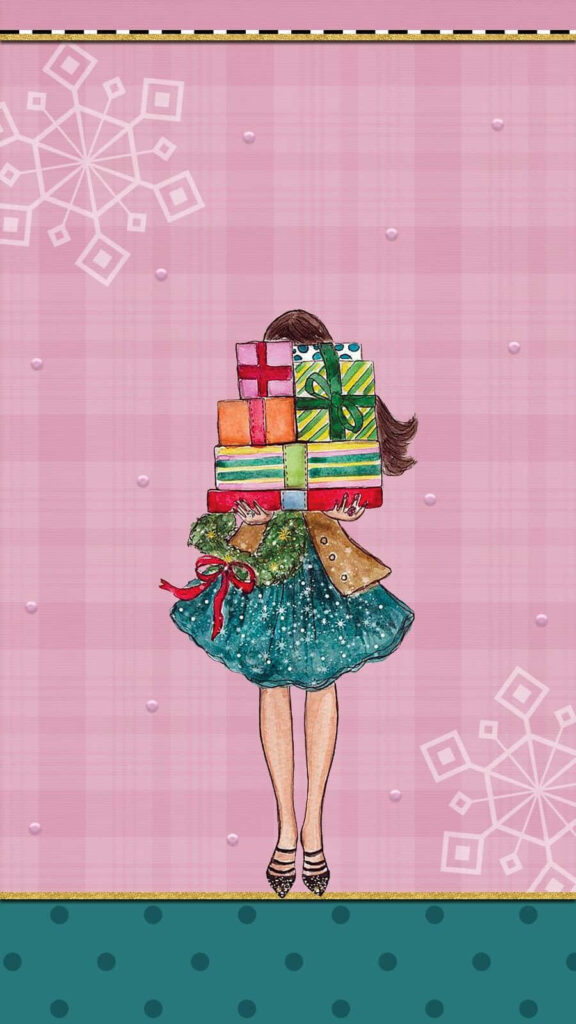 Whimsical Holiday Wallpaper: Stylish Person & Colorful Christmas Gifts