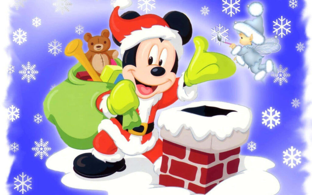 Festive Mickey Mouse Santa Delivers Gifts in Snowy Wonderland Wallpaper