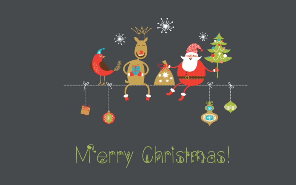 Whimsical Christmas Wallpaper: Santa & Reindeer on Gray Background