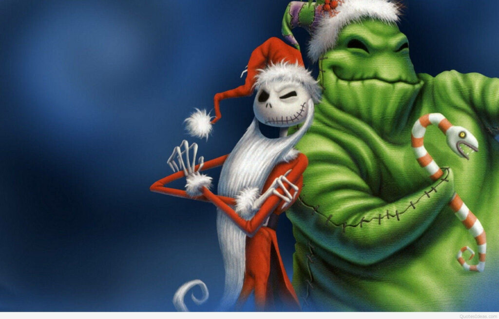 Whimsical Christmas Wallpaper with Santa & Cheerful Green Character