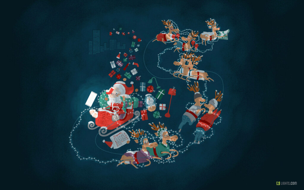 Whimsical Christmas Wallpaper: Santa’s Joyful Night Sky Journey