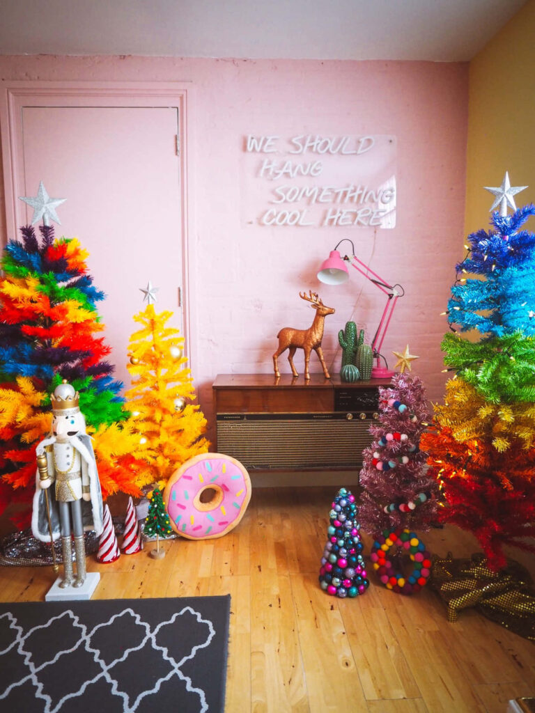 Whimsical Christmas Wallpaper: Rainbow Trees & Festive Cheer
