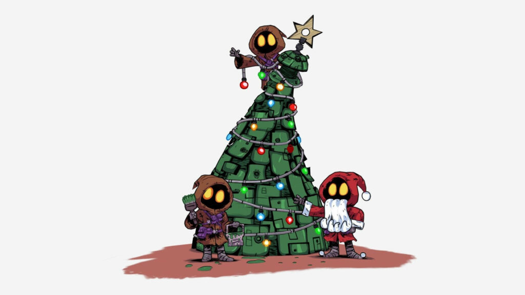 Whimsical Christmas Wallpaper with Joyful Elves & Festive Tree