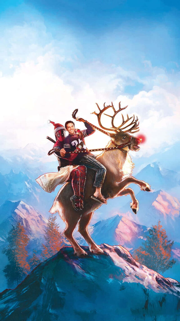 Whimsical Christmas iPhone Wallpaper: Reindeer Ride in Vibrant Mountains