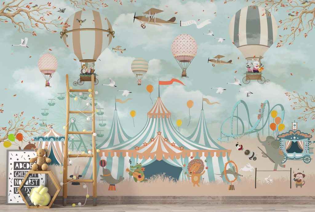 Whimsical pastel circus wallpaper with striped tents animals balloons and vintage amusement rides
