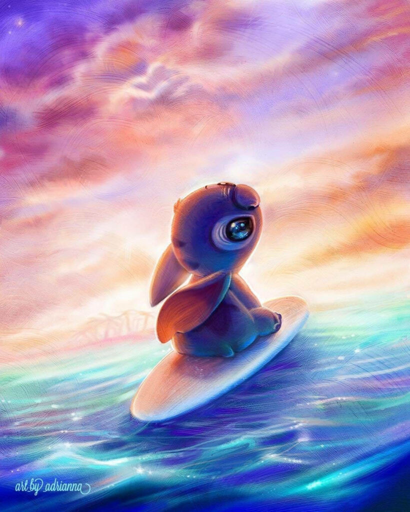 Whimsical Surfing Creature Wallpaper: Dreamy Sunset Ocean Scene