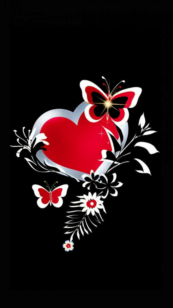 Cute and Romantic: Butterfly Adorning a Dark Red Heart Backdrop Wallpaper