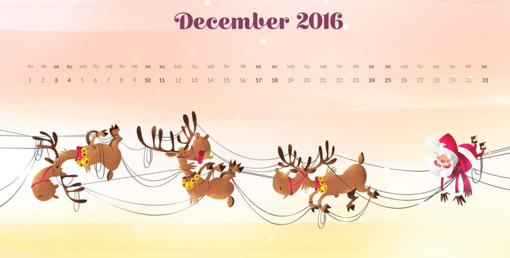 Whimsical December 2016 Calendar: Santa & Reindeer in Lights Wallpaper