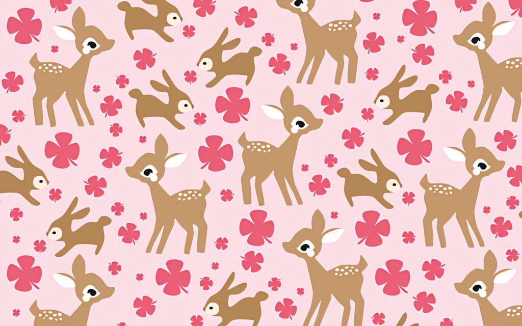 Cute laptop wallpaper with young deer playful rabbits pink flowers whimsical art background