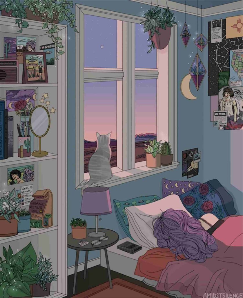 Whimsical Serenity: Adorable Cat Pals Enhance the Delightful Bedroom Ambience in Indie Kid Aesthetic Snapshot Wallpaper
