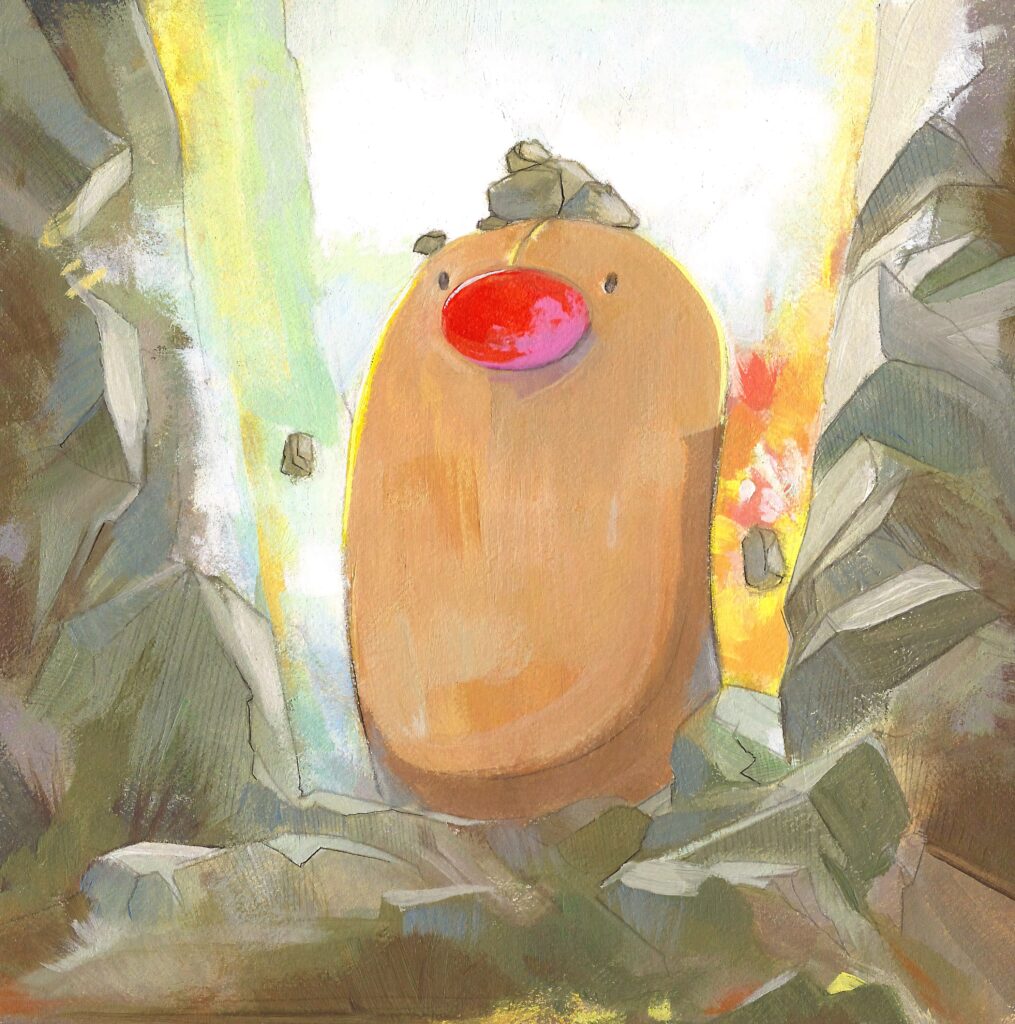 Whimsical pastel Diglett emerging from textured rocks bathed in warm sunlight illustration background Wallpaper