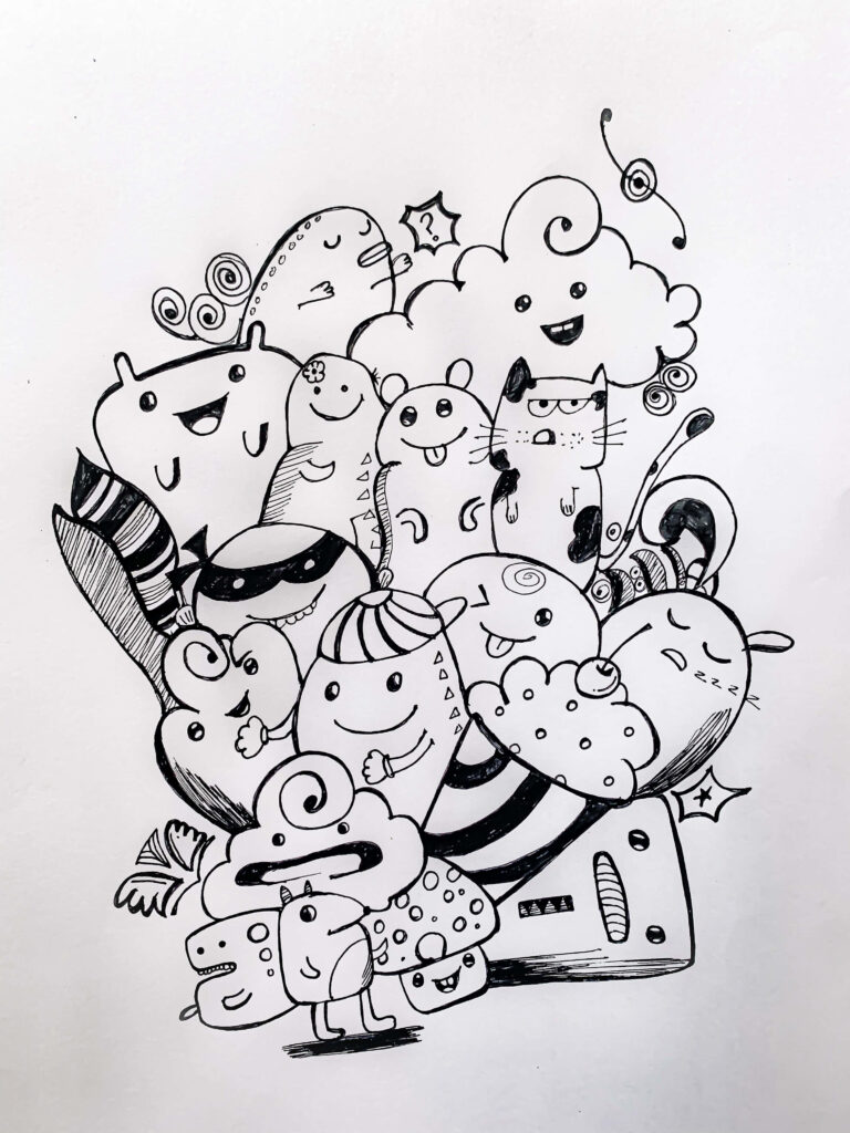 Whimsical Black & White Doodle Creatures Wallpaper Background