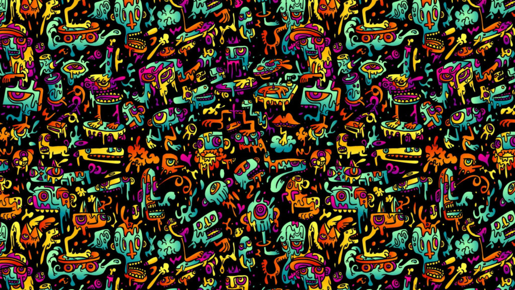 Chaos Unleashed: A Kaleidoscope of Cartoon Monsters Dancing on a Dark Canvas Wallpaper