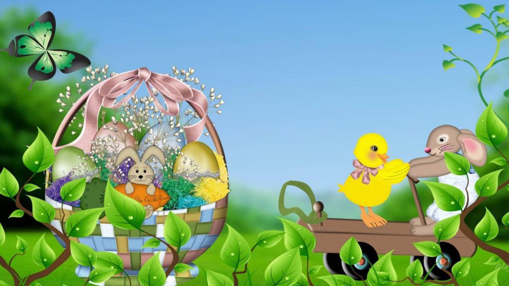 Whimsical Easter digital art with metallic eggs flowers bunny chick on wooden cart spring landscape Wallpaper