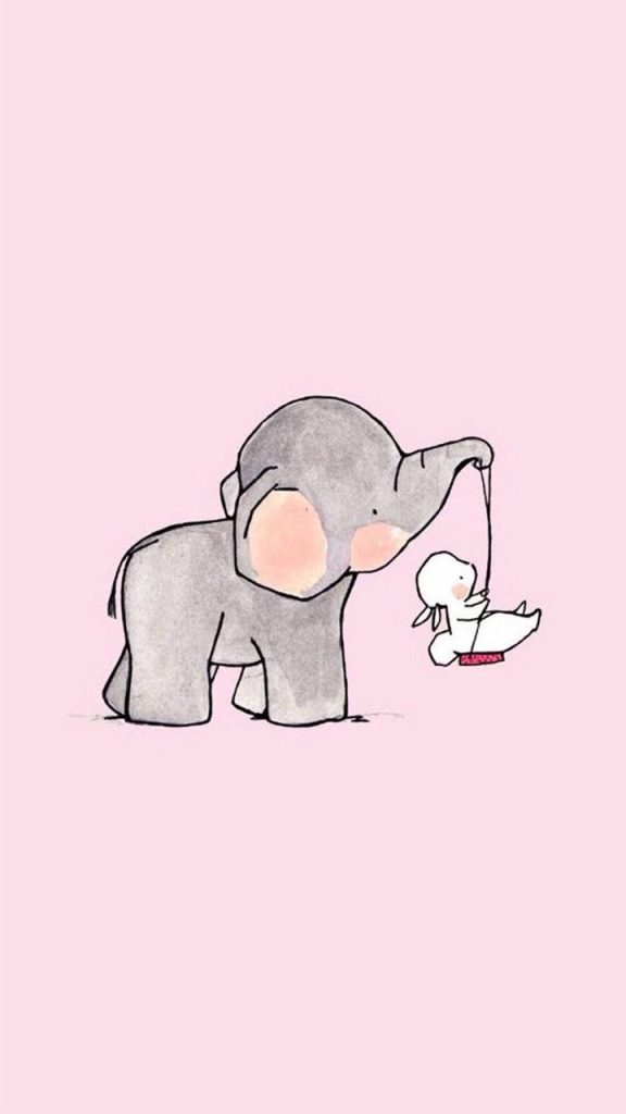 Cute pink wallpaper with rosy elephant swinging white bunny on rope minimalist background