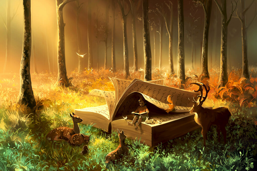 Whimsical Forest Adventure: Tiny Explorer in Enormous Book Wallpaper