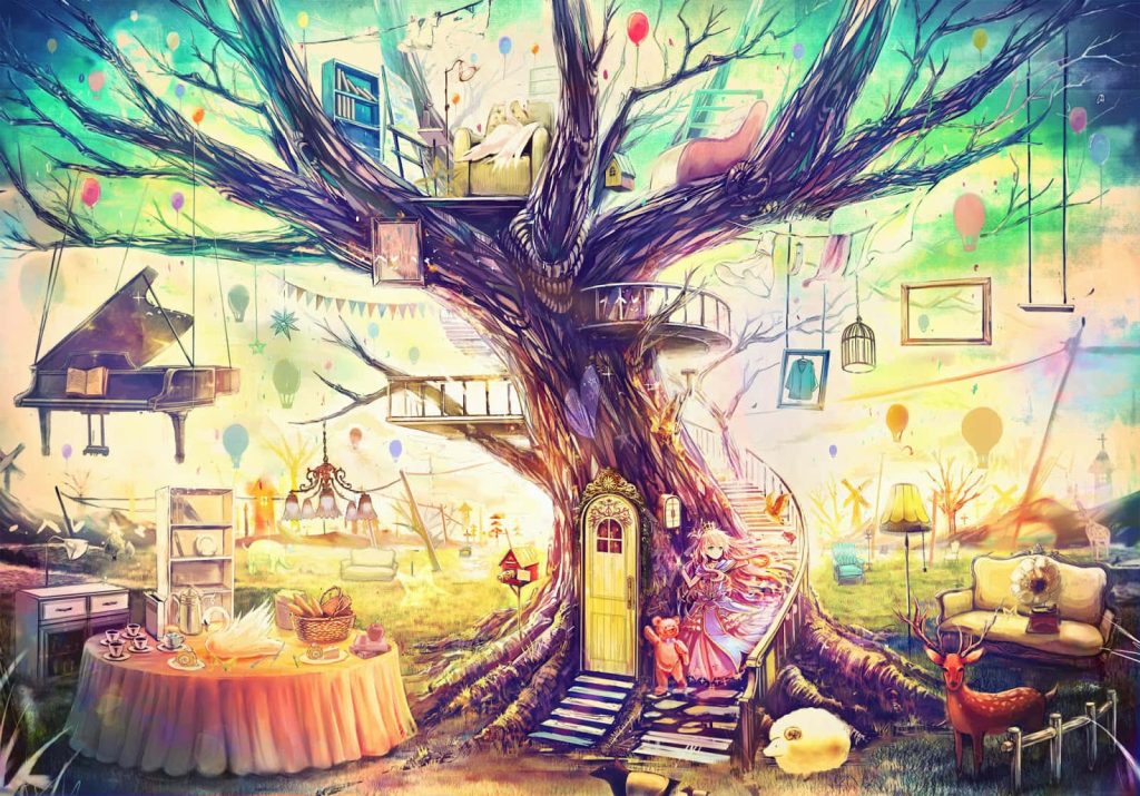 Whimsical anime treehouse with floating piano frames blonde princess magical glowing landscape wallpaper