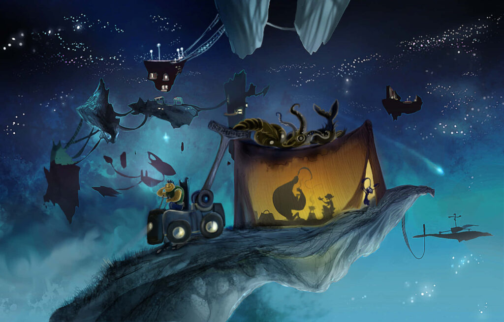 Whimsical Fantasy Wallpaper: Floating Islands & Dragon Hunters