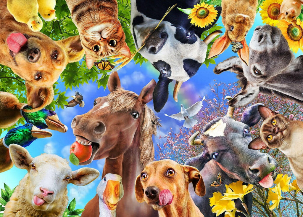 Whimsical Farm Animal Wallpaper: Fun Expressions & Colorful Scene