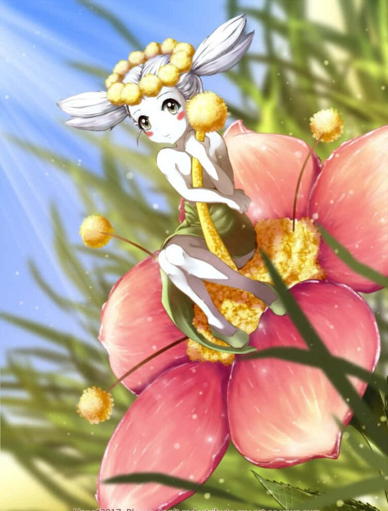 Whimsical Flabébé on Pink Flower: Enchanting Sky Background Wallpaper