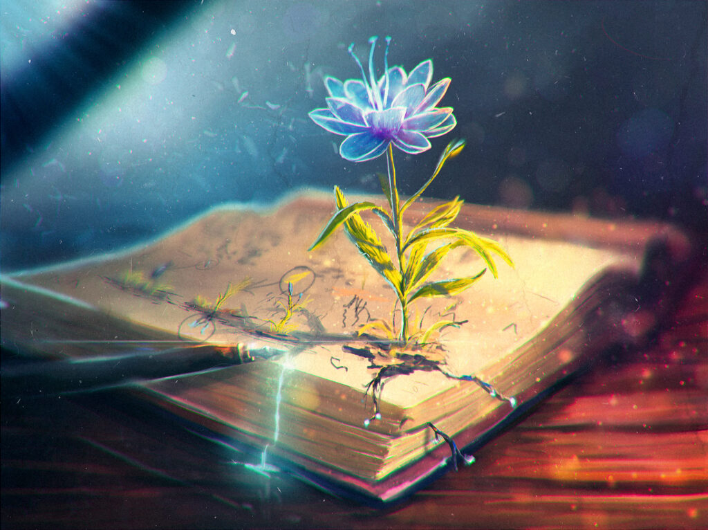 Whimsical Flower Blooming from Book - Enchanting Abstract Wallpaper