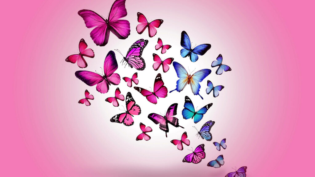 Whimsical digital artwork of vibrant blue and pink butterflies on soft gradient wallpaper background