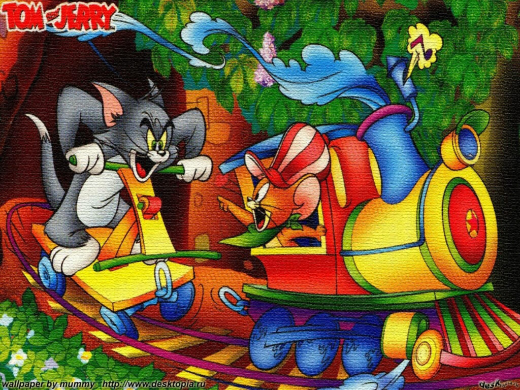 Whimsical Tom and Jerry Adventure: Vibrant Animation Amidst Woods and Railway Wallpaper