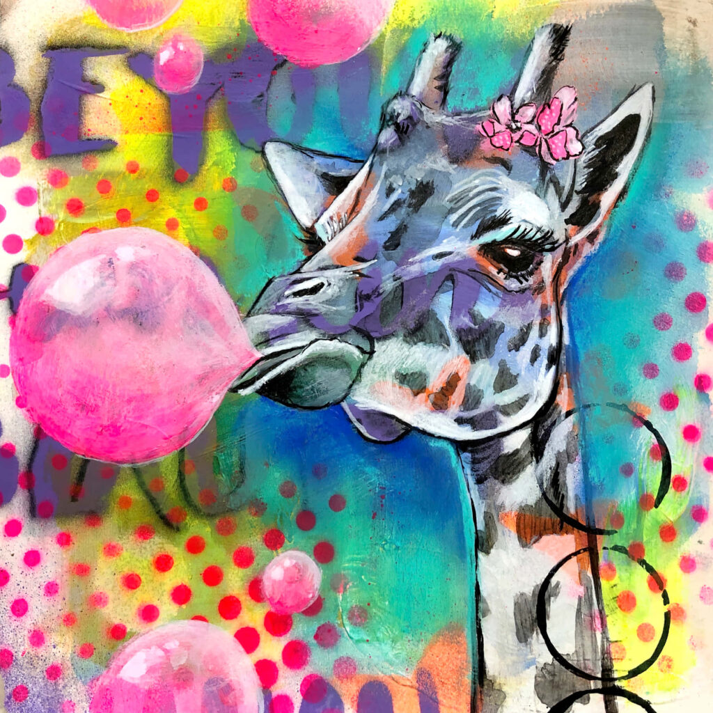 Whimsical Giraffe with Bubble Gum & Colorful Floral Wallpaper