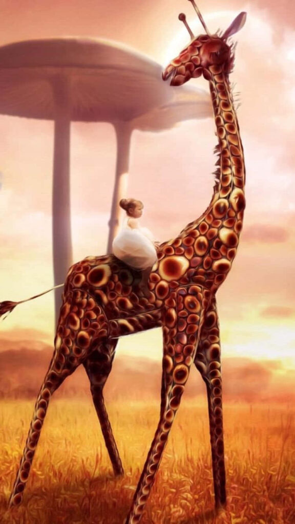 Whimsical Giraffe Wallpaper: Girl's Adventure in a Dreamy Landscape