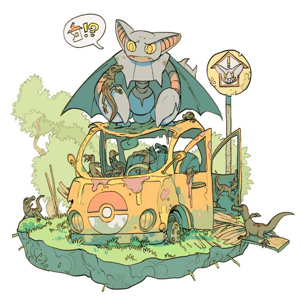 Whimsical Gligar on rusted yellow van with Poké Ball on floating grassy island wallpaper background