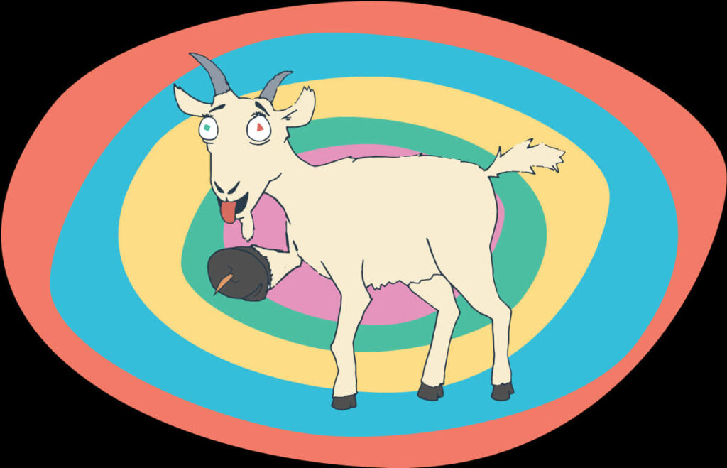 Playful Cartoon Goat Wallpaper with Vibrant Rainbow Background