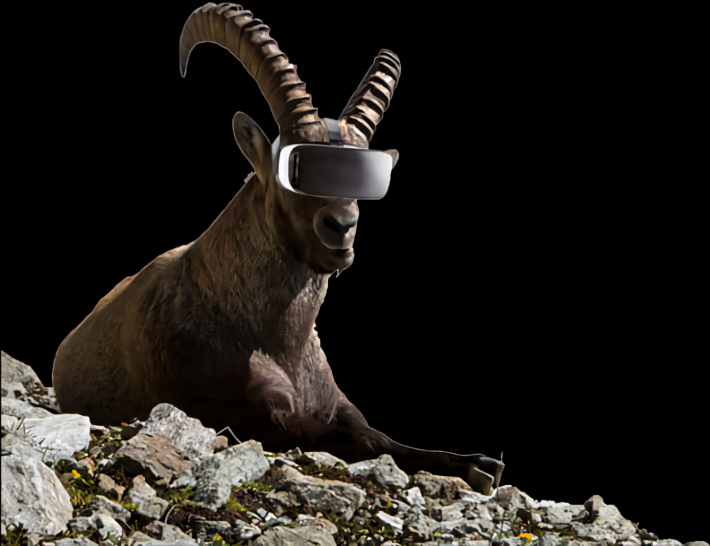 Whimsical Goat in VR: Nature Meets Tech Wallpaper Background