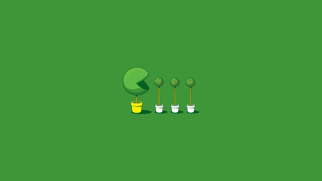 Serene Minimalistic Green Wallpaper with Pac-Man Shrub Design