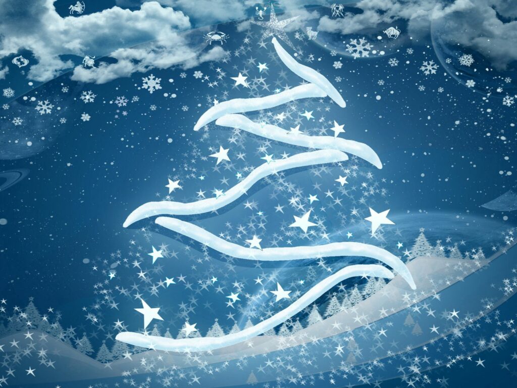 Whimsical Hand-Drawn Spruce Tree Wallpaper on Starry Blue Background