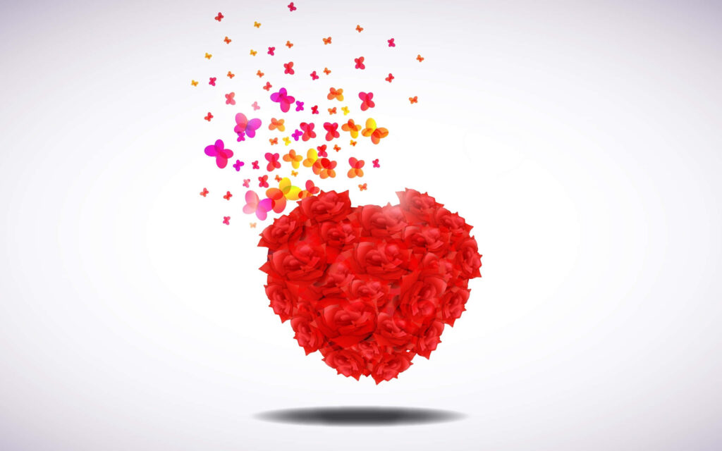 Heart of Red Roses & Colorful Butterflies - Whimsical Wallpaper