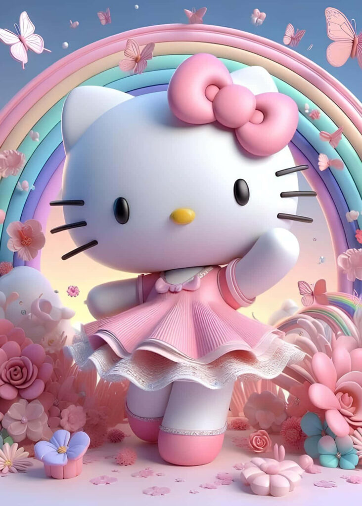Hello Kitty's Whimsical Floral Fantasy 3D Wallpaper Background