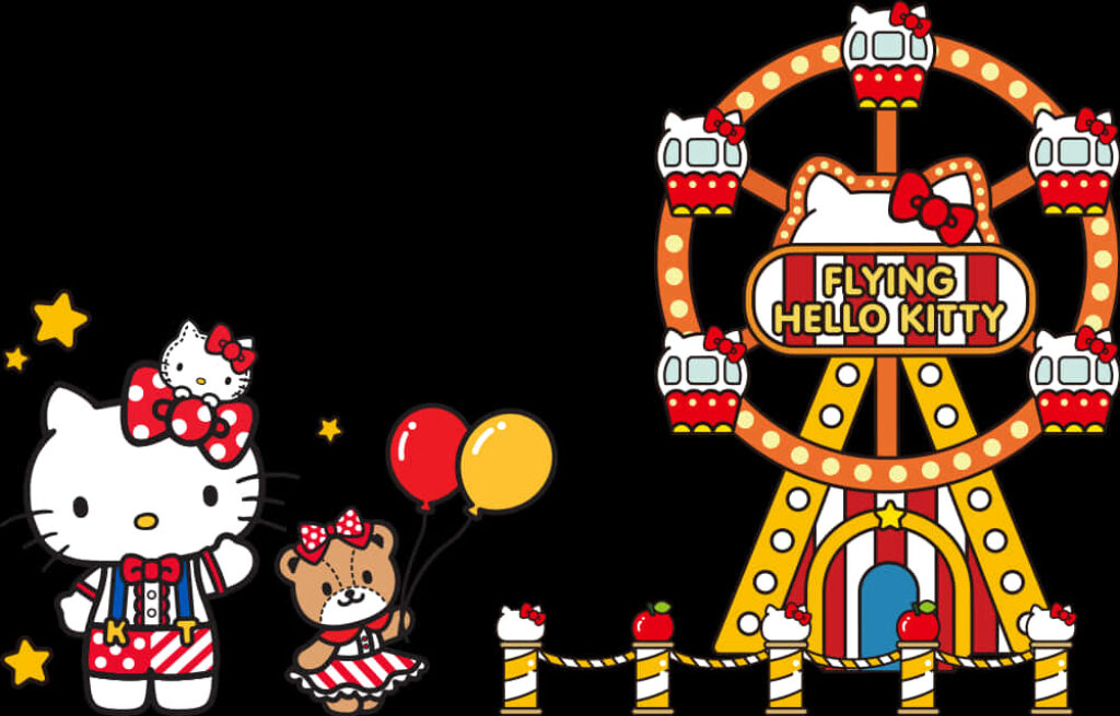 Whimsical Hello Kitty and Bear at Colorful Carnival Wallpaper