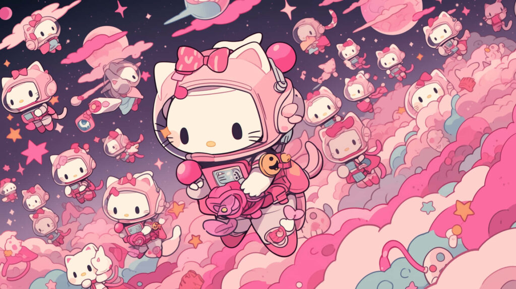 Whimsical Hello Kitty Space Adventure Wallpaper with Colorful Clouds