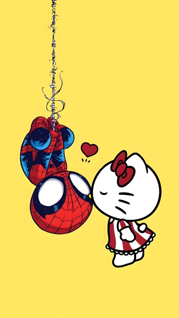 Hello Kitty Meets Spiderman: Cute Whimsical Wallpaper Design