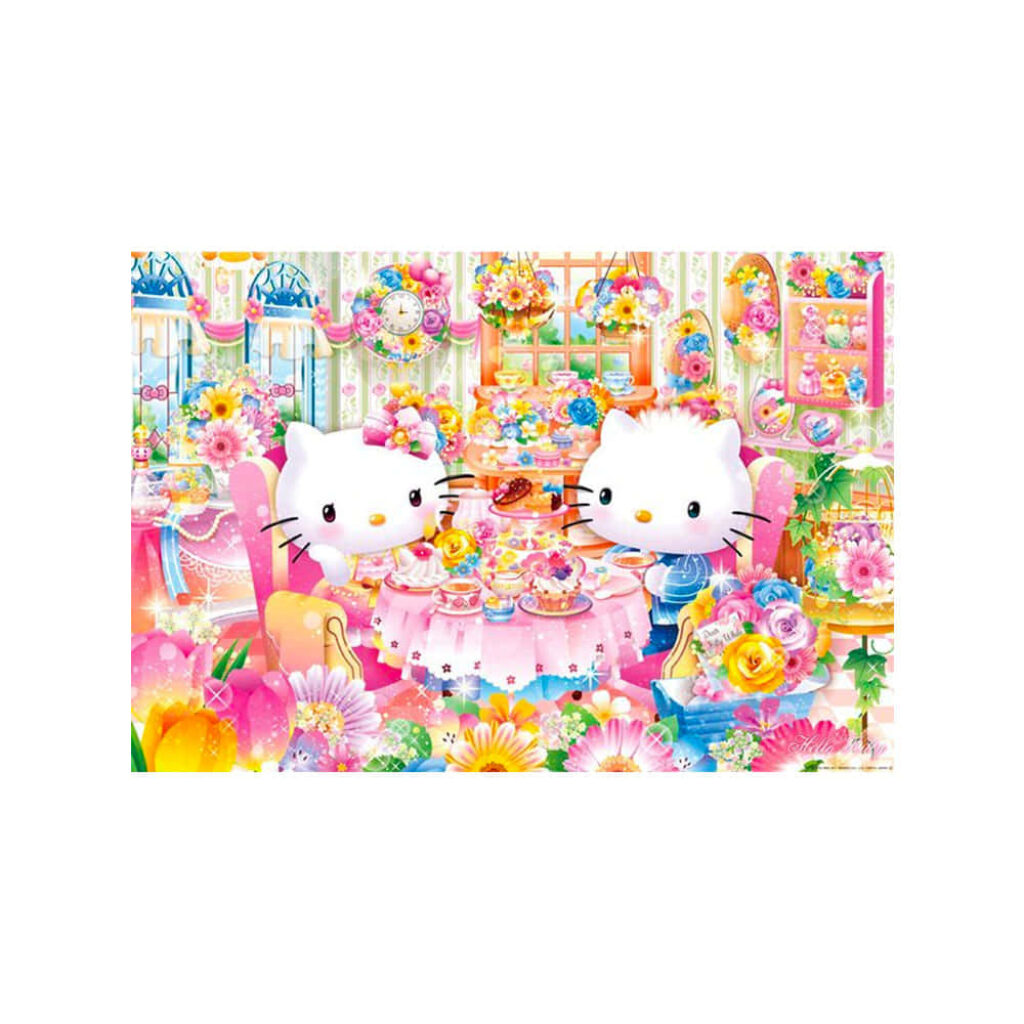 Whimsical Hello Kitty Tea Party Wallpaper with Colorful Flowers