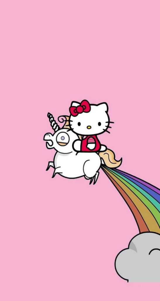 Hello Kitty on Unicorn: Whimsical Pink Wallpaper with Rainbow Magic