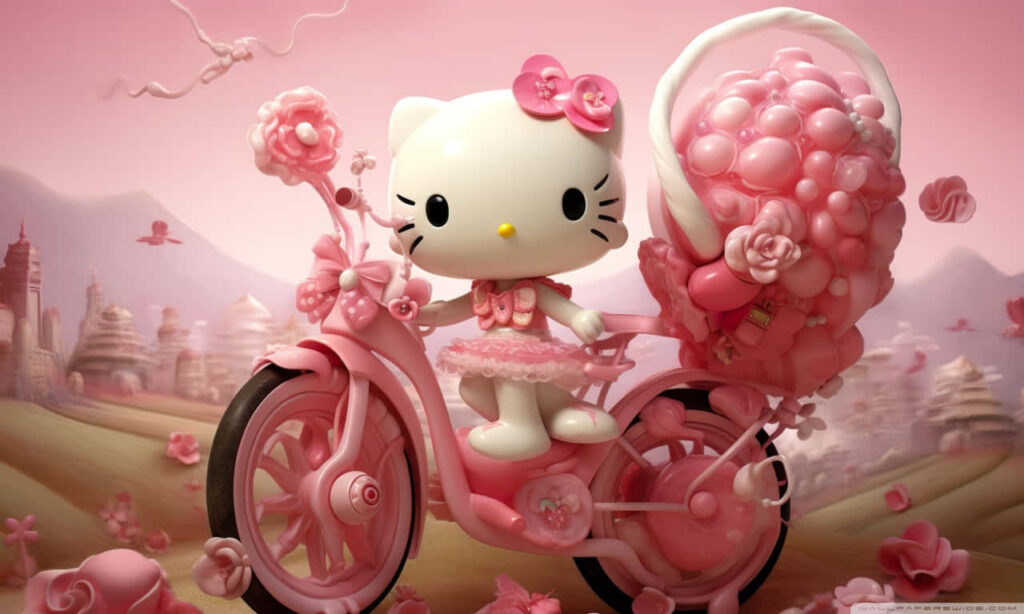 Charming Hello Kitty Wallpaper: Playful Bicycle in Dreamy Pink Background