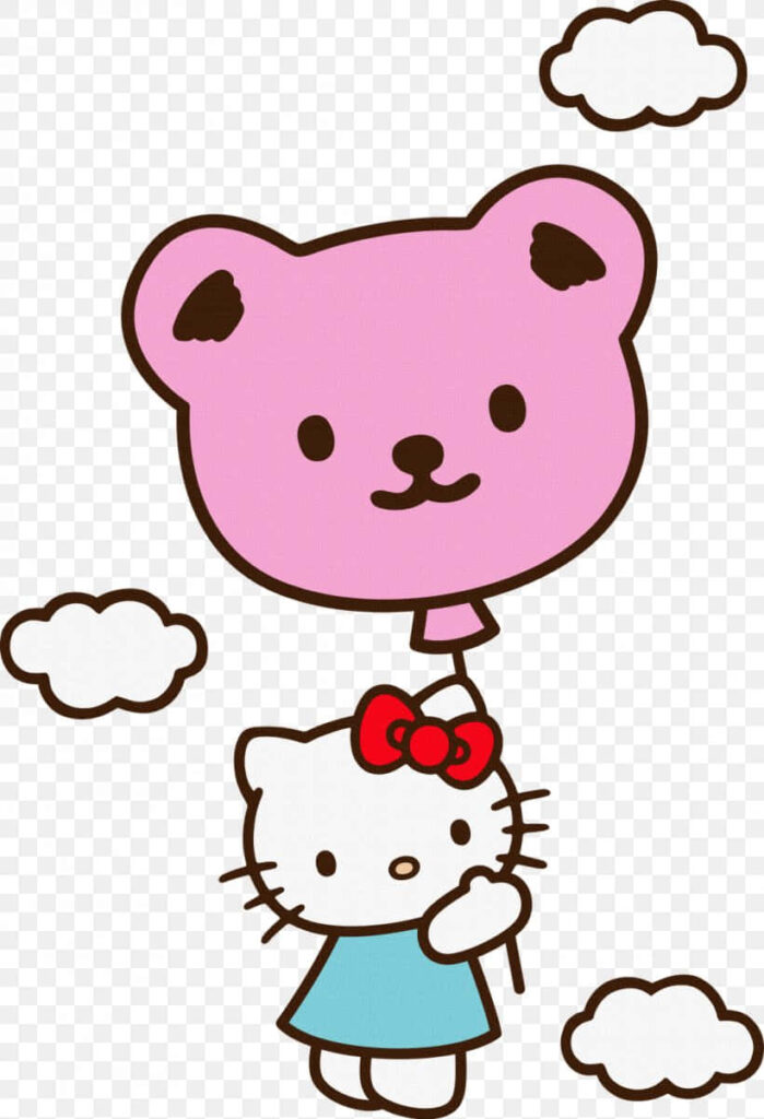 Whimsical Hello Kitty Wallpaper with Pink Bear Balloon & Clouds