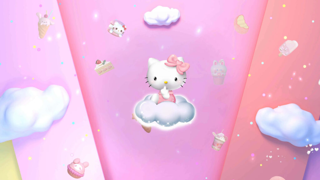 Whimsical Hello Kitty Wallpaper on Fluffy Cloud with Pastel Treats