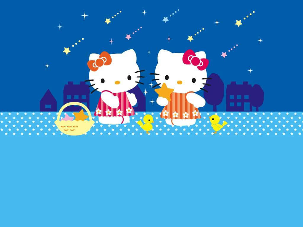 Whimsical Hello Kitty Wallpaper: Festive Night Sky Scene