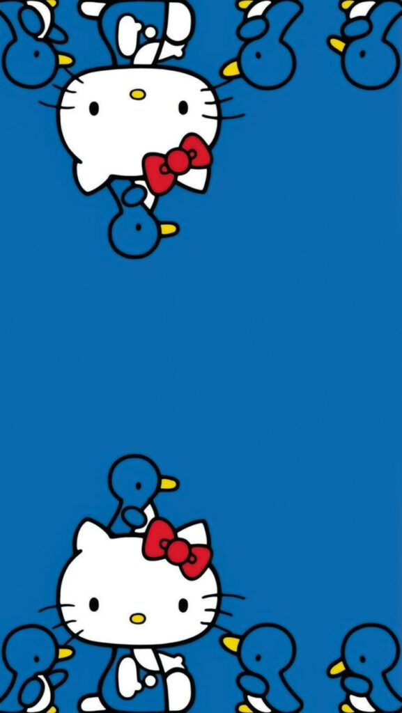 Whimsical Hello Kitty Wallpaper with Cute Ducks on Vibrant Blue Background