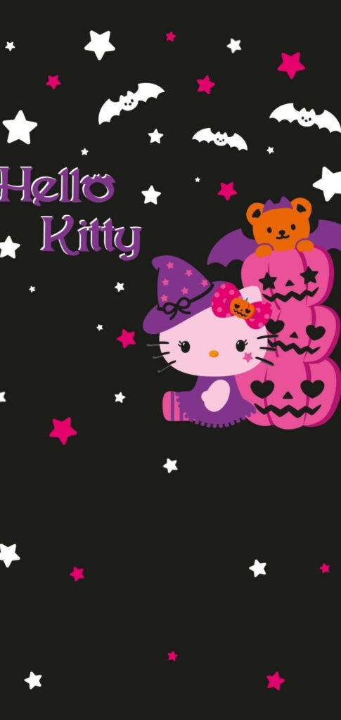 Whimsical Hello Kitty Halloween Wallpaper with Witch & Jack O'Lanterns