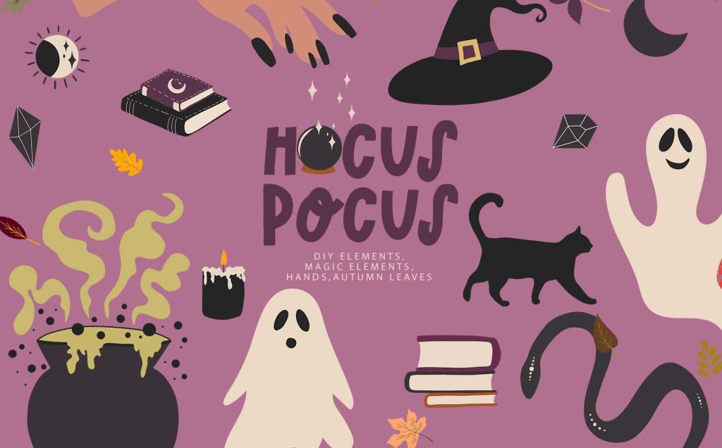 Cute Hocus Pocus Halloween wallpaper with ghosts black cat witch hat and cauldron on purple background