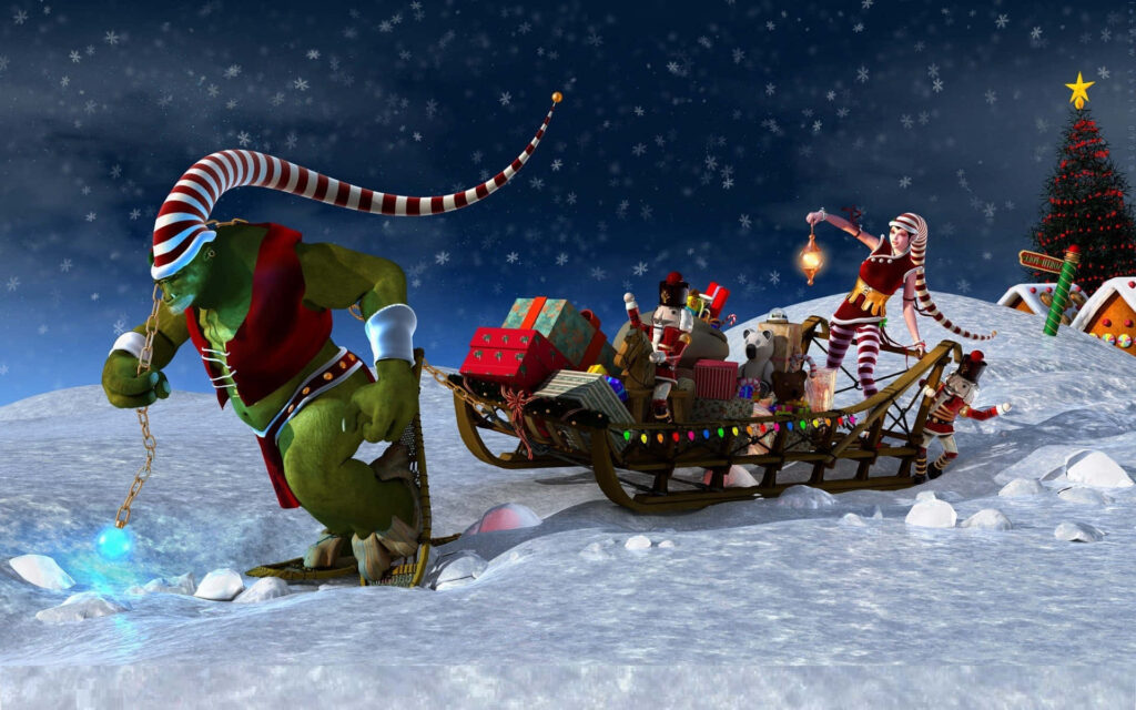 Whimsical Holiday Scene: Teamwork & Magic Under Starry Skies Wallpaper