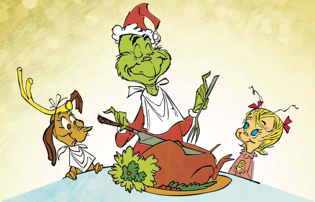 Cheerful Holiday Wallpaper: Animated Characters Carving a Festive Roast